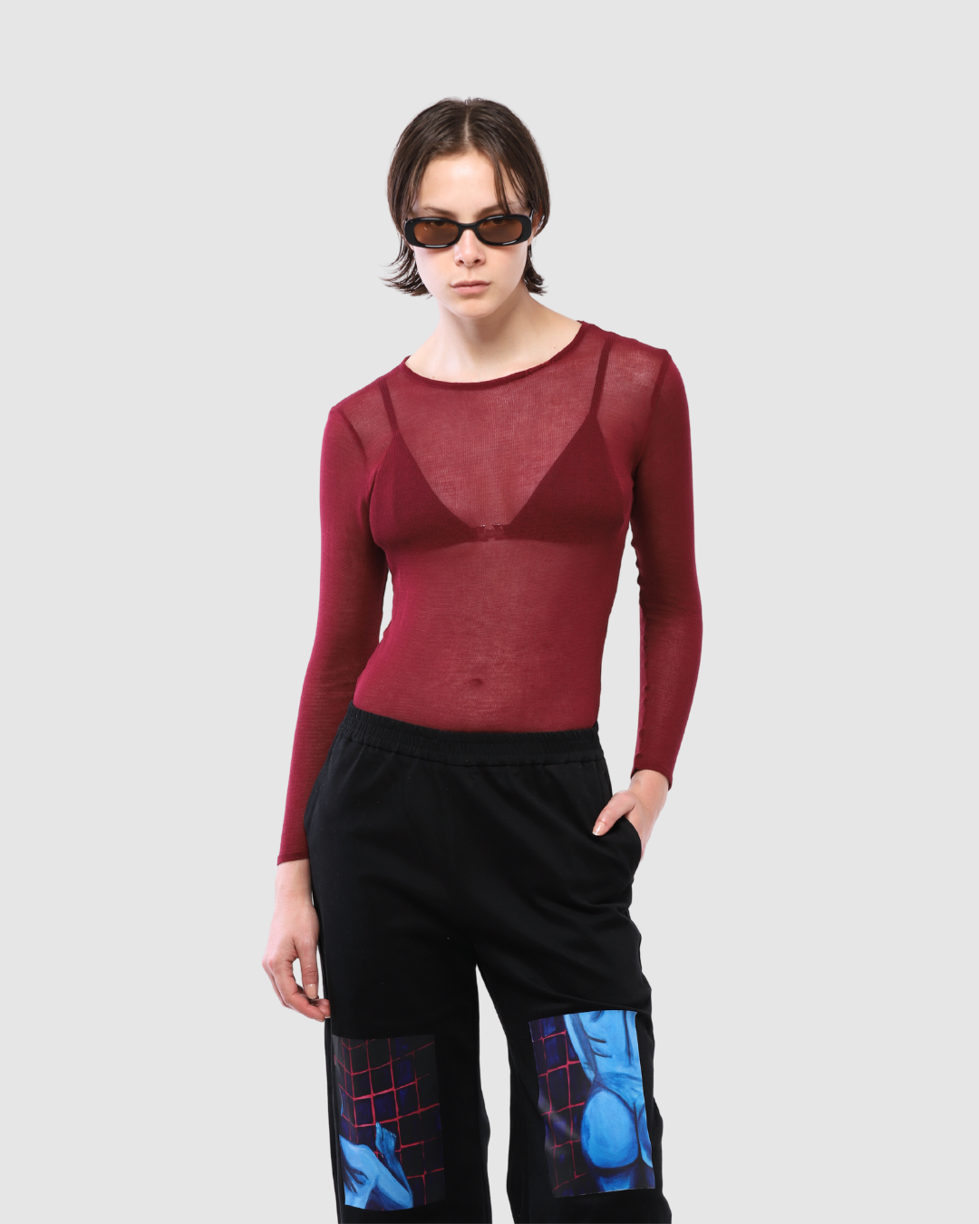 Blusa tricot slim transparente | bordô