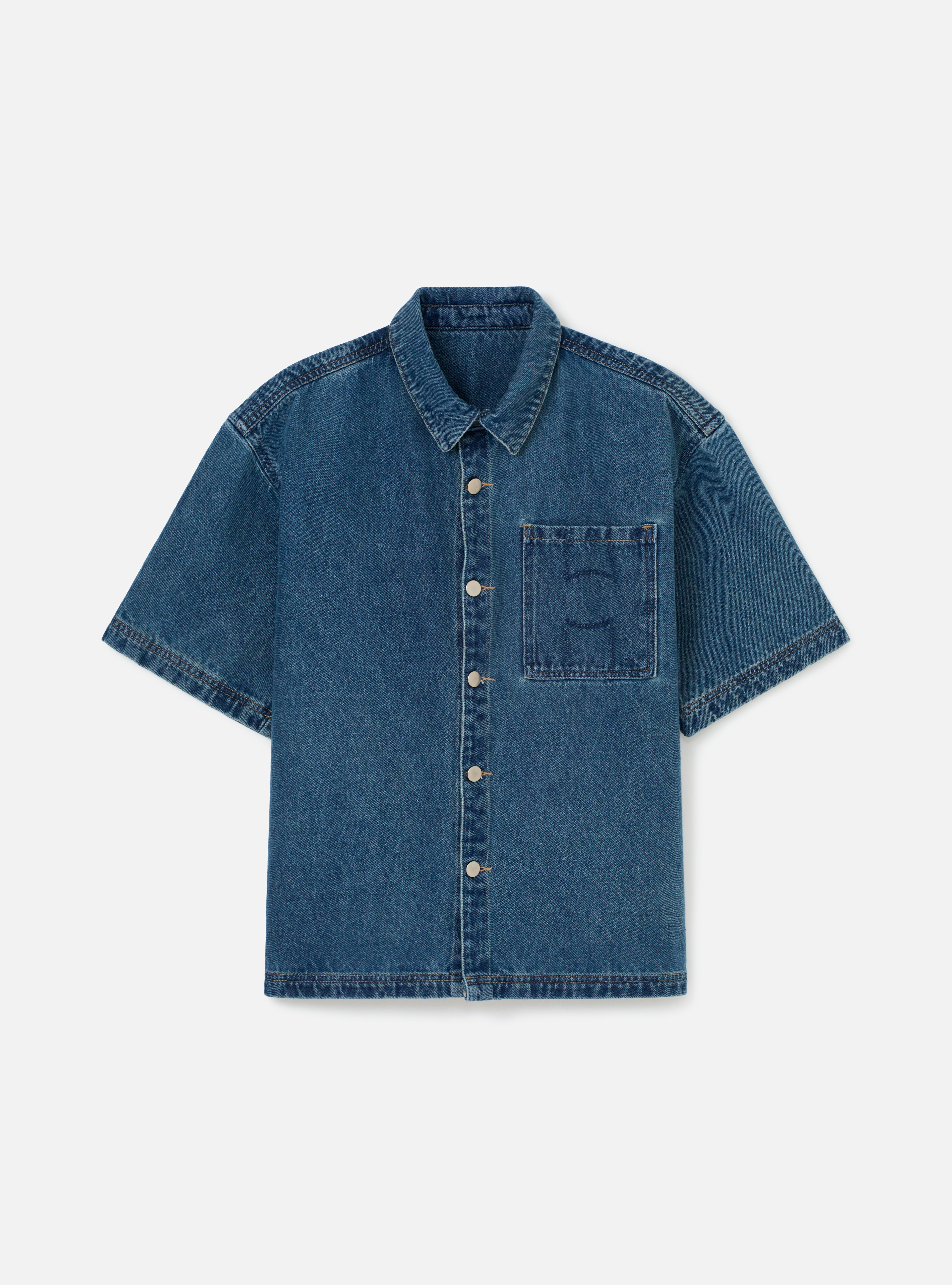 Camisa manga curta jeans lavagem vintage
