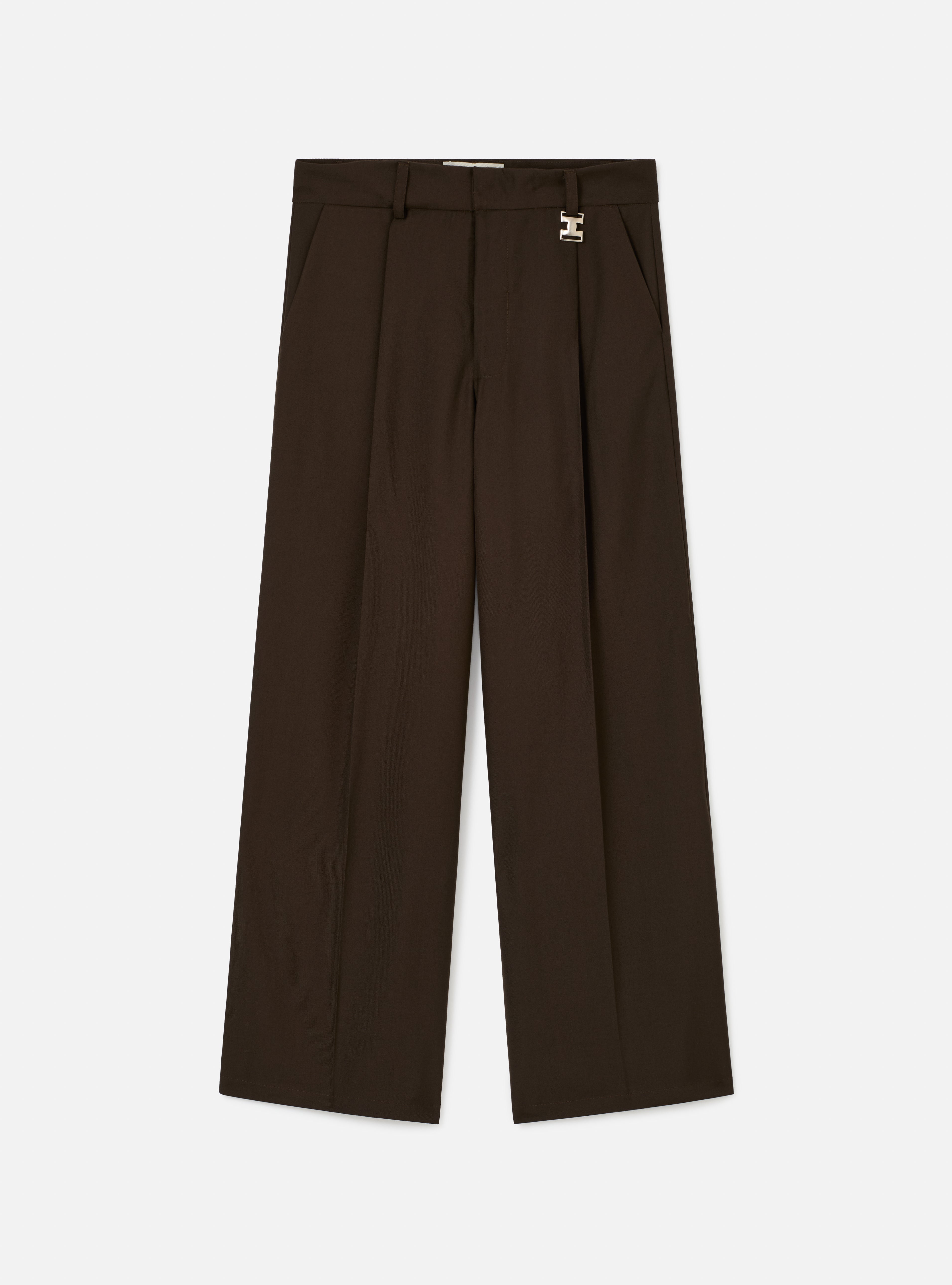 Calça wide leg com pregas alfaiataria | marrom