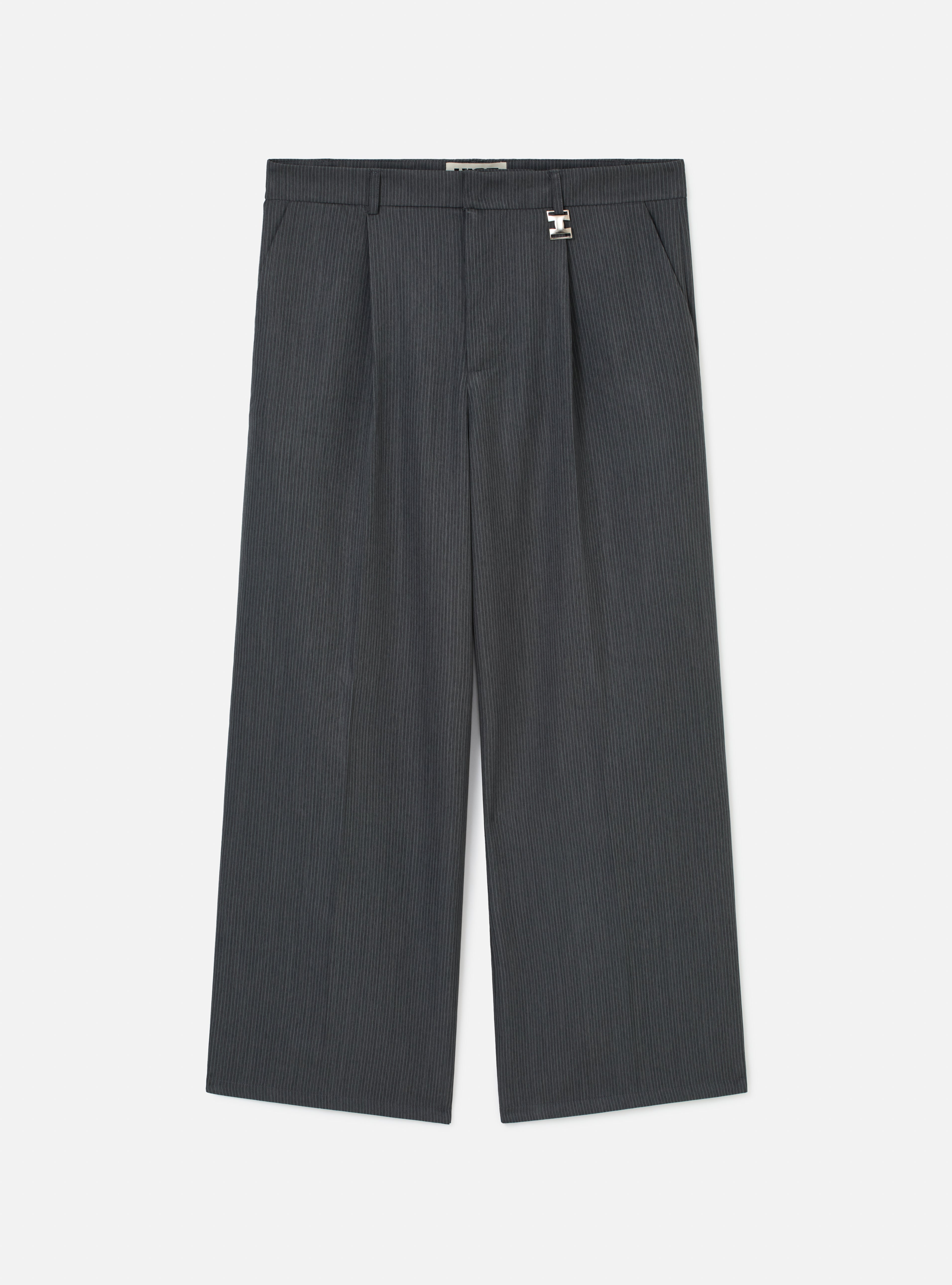 Calça wide leg com pregas de alfaiataria risca de giz | cinza