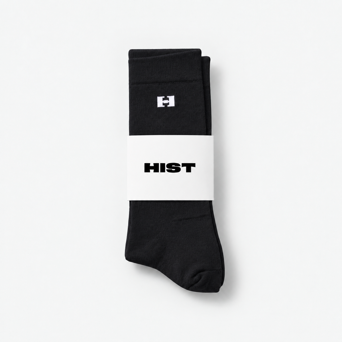 Meia cano médio preta lisa logo H jacquard branco dobrada com band HIST