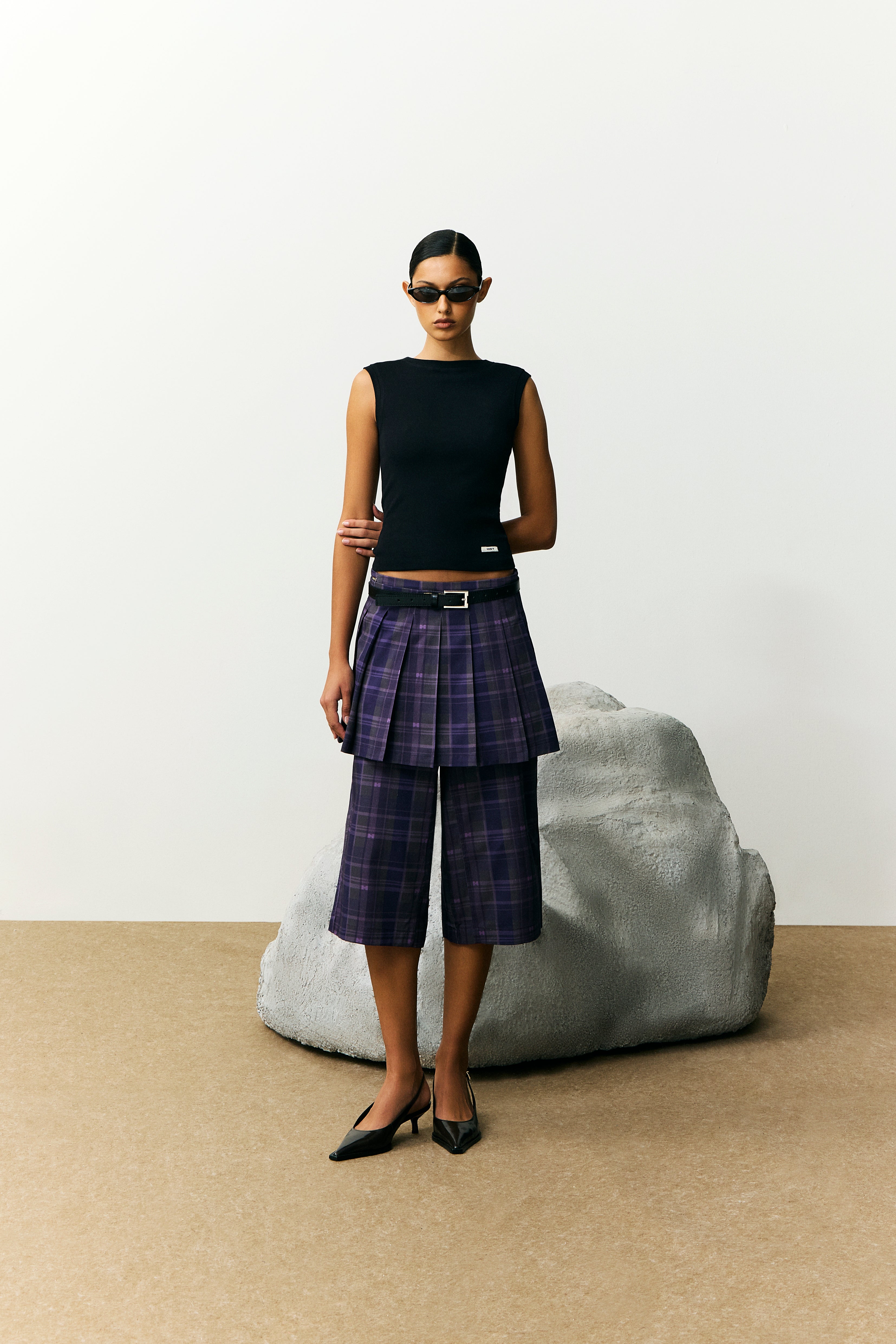 Short saia com pregas estampa xadrez | roxo