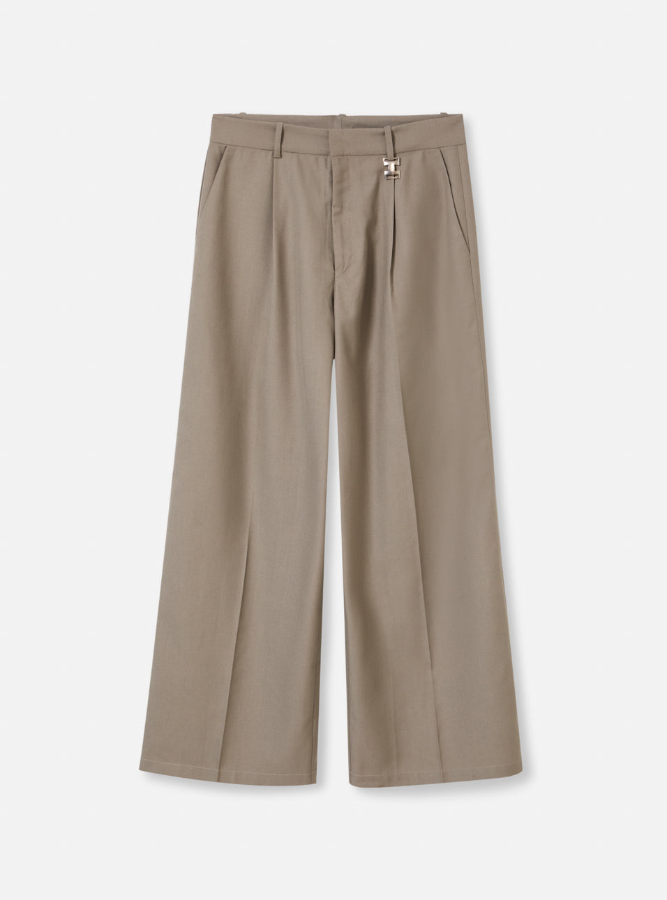 Calça wide leg alfaiataria areia com pregas – vista frontal estúdio
