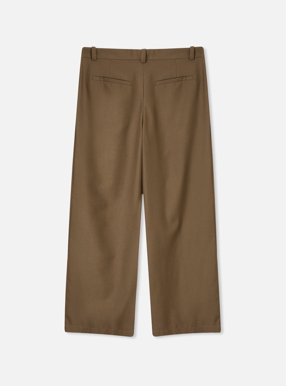 Calça wide leg alfaiataria cáqui com pregas – vista lateral estúdio