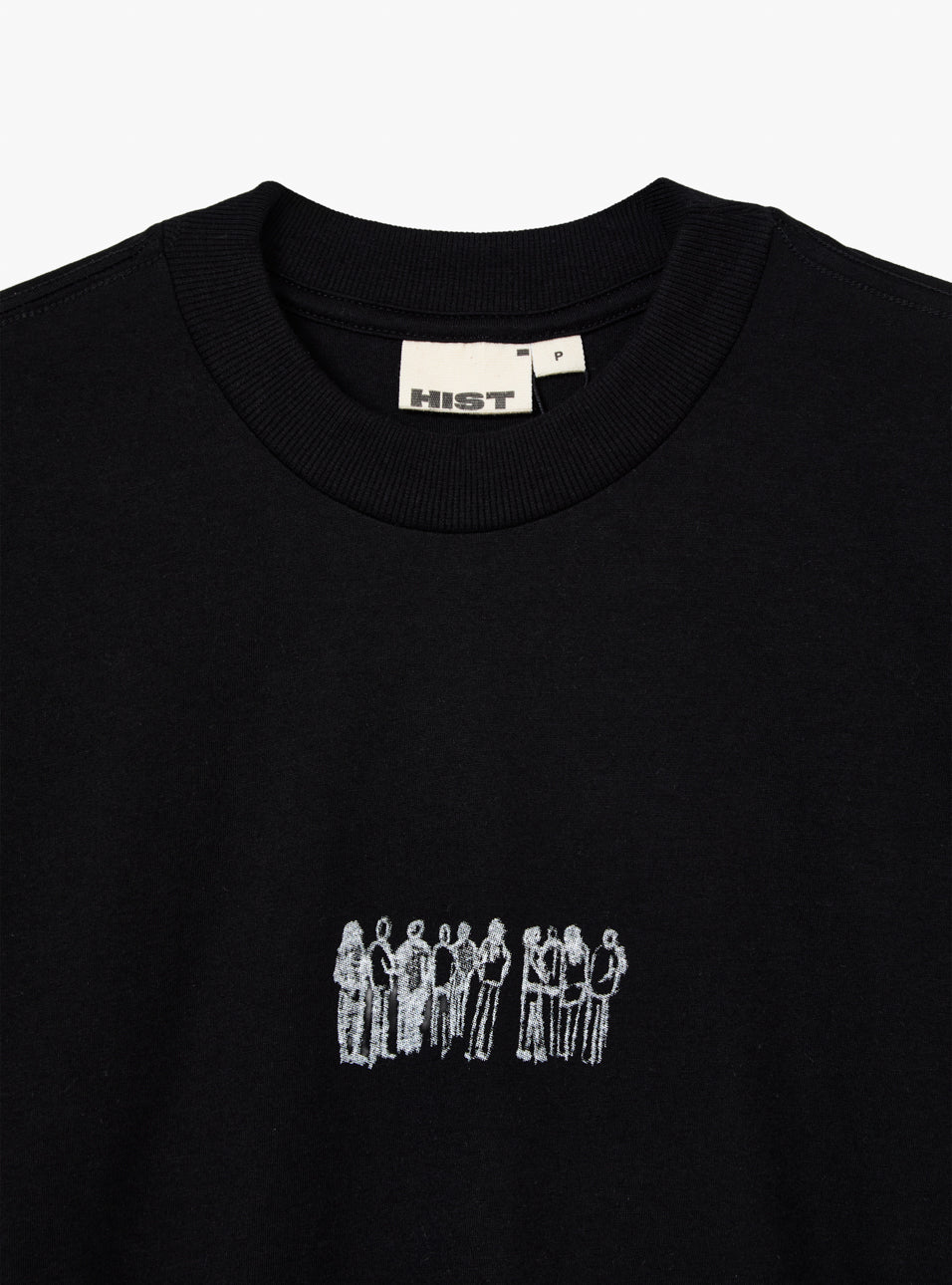 Camiseta preta masculina HIST com estampa construção, frente e costas, em silk, modelagem box.